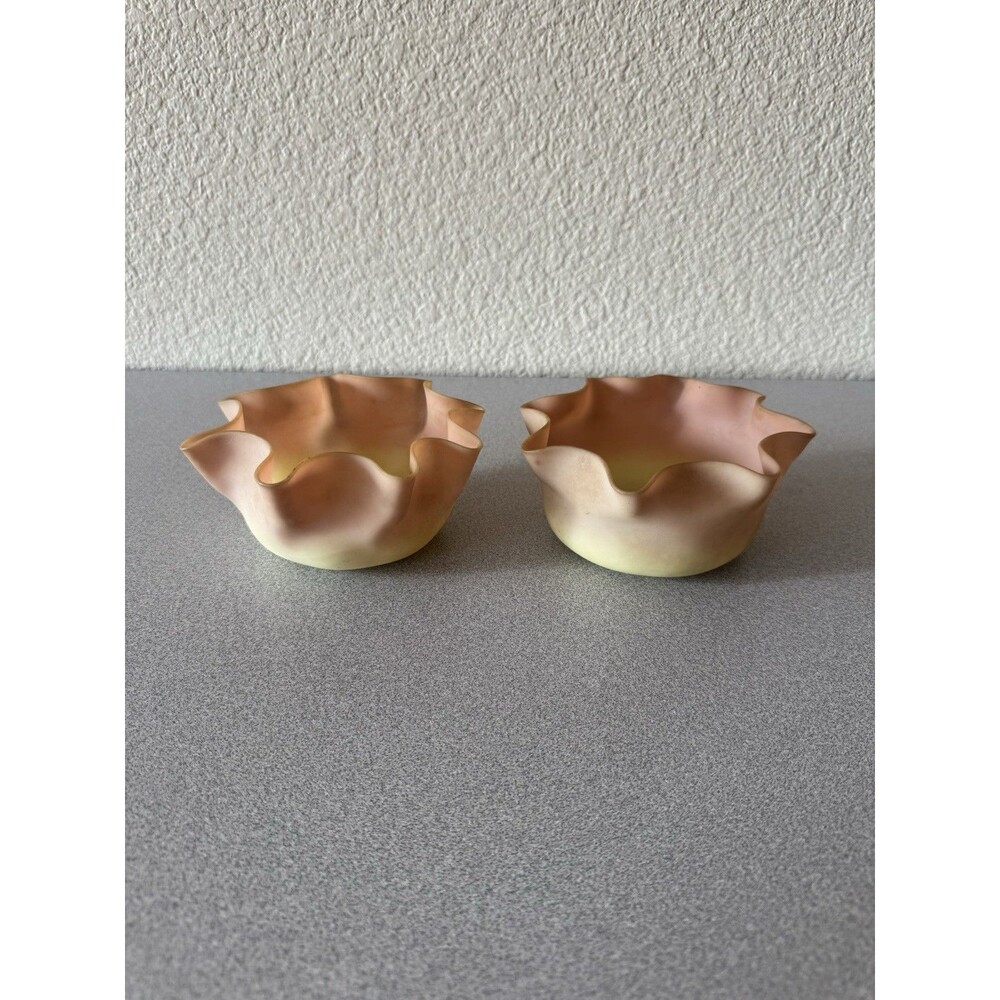 Antique Mt Washington Burmese Art Glass Pair Ruffled Bowls 1880s Victorian 6”